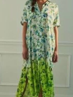 ANTHROPOLOGIE Maxi Tunic Dress Button down Coverup Floral Blue Green Size M
